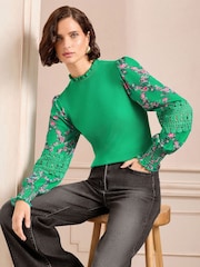 Love & Roses Green Floral Petite Woven Sleeve Frill Neck Finge Gauge Knitted Jumper - Image 3 of 4