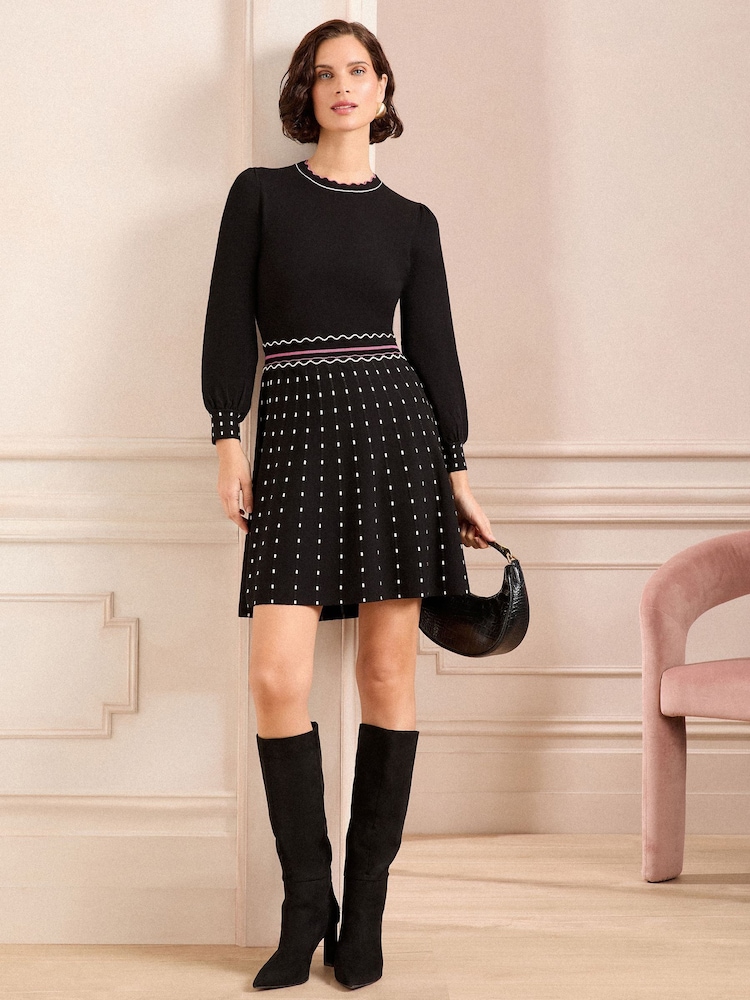 Love & Roses Black Petite Petite Fine Gauge Scallop Detail Spot Knitted Mini Dress - Image 1 of 4 Love & Roses Black Petite Petite Fine Gauge Scallop Detail Spot Knitted Mini Dress - Image 1 of 4