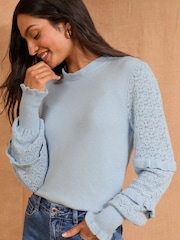 Love & Roses Blue Frill Neck Ruffle Sleeve Knit Jumper - Image 1 of 4