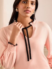 Love & Roses Pink Scallop Tie Neck Knitted Jumper - Image 1 of 4