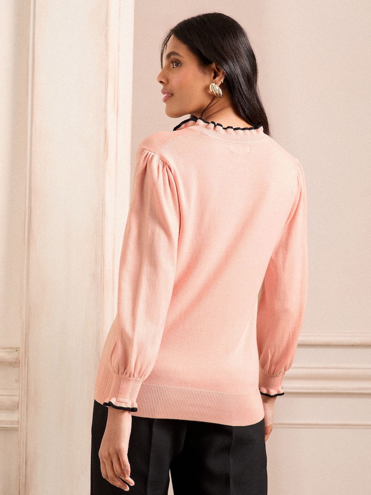 Love & Roses Pink Scallop Tie Neck Knitted Jumper - Image 4 of 4