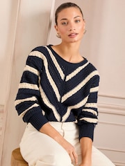 Love & Roses Navy and Ivory Crochet Chevron Stripe Knitted Jumper - Image 2 of 4