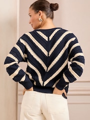 Love & Roses Navy and Ivory Crochet Chevron Stripe Knitted Jumper - Image 3 of 4