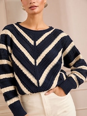 Love & Roses Navy and Ivory Crochet Chevron Stripe Knitted Jumper - Image 4 of 4