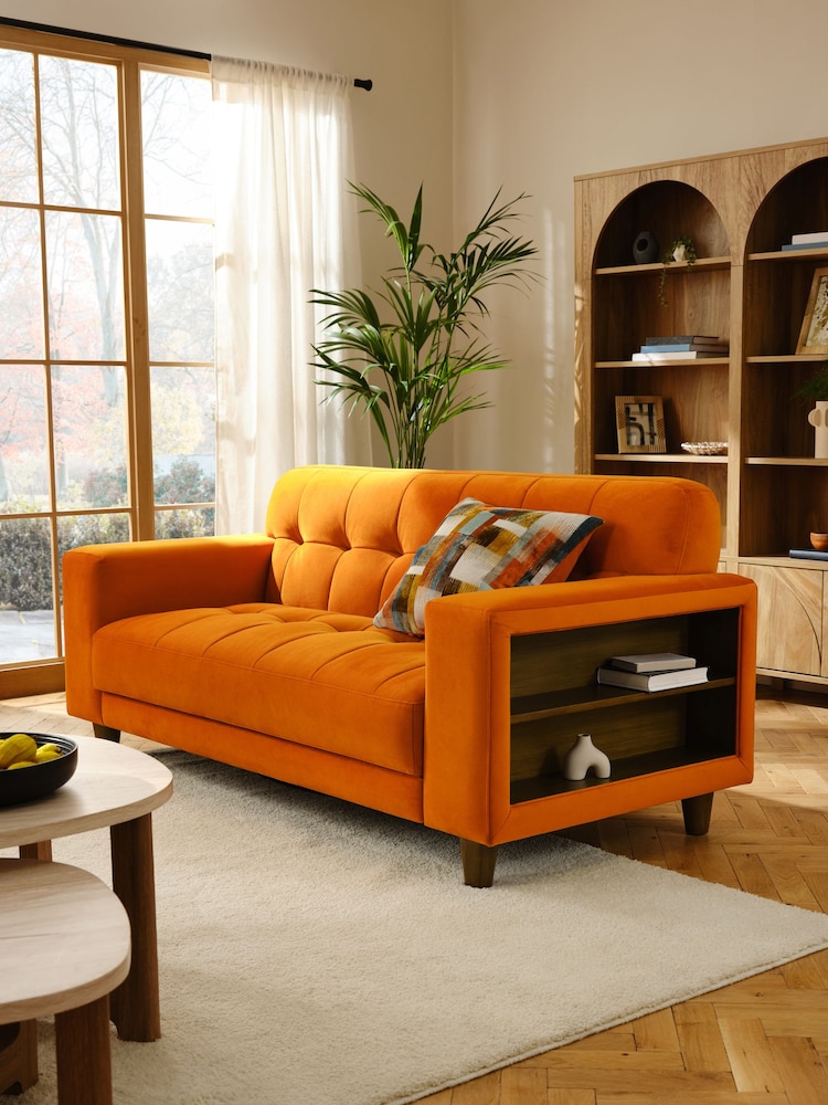 Soft Velvet Burnt Orange Wyatt Shelf 2 Seater Sofa - Image 1 of 11 Soft Velvet Burnt Orange Wyatt Shelf 2 Seater Sofa - Image 1 of 11
