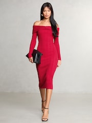 Lipsy Red Knitted Bow Detail Ribbed Bardot Dress - Image 1 of 4