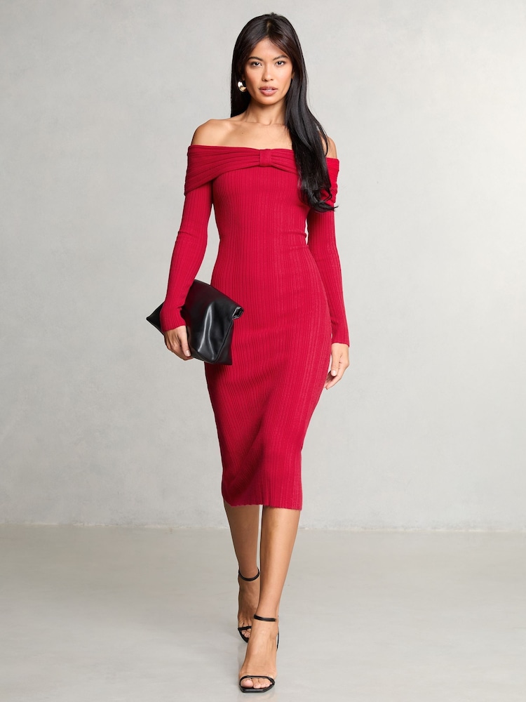 Lipsy Red Knitted Bow Detail Ribbed Bardot Dress - Image 1 of 4