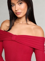 Lipsy Red Knitted Bow Detail Ribbed Bardot Dress - Image 2 of 4