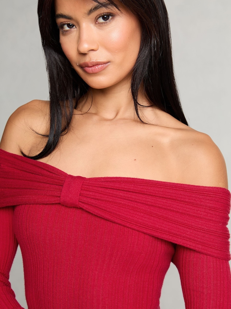 Lipsy Red Knitted Bow Detail Ribbed Bardot Dress - Image 2 of 4