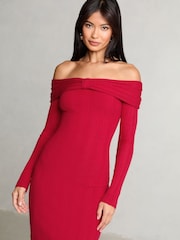 Lipsy Red Knitted Bow Detail Ribbed Bardot Dress - Image 3 of 4