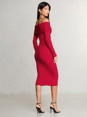 Lipsy Red Knitted Bow Detail Ribbed Bardot Dress - Image 4 of 4
