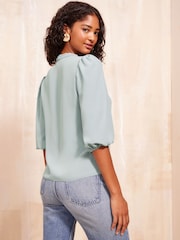 Friends Like These Blue V-Neck Bow Front 3/4 Sleeve Blouse - Image 3 of 4