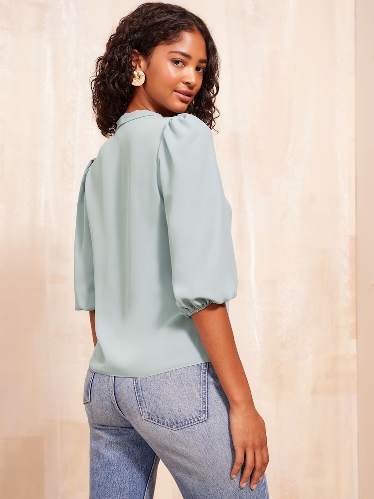 Friends Like These Blue V-Neck Bow Front 3/4 Sleeve Blouse - Image 3 of 4
