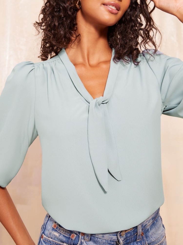 Friends Like These Blue V-Neck Bow Front 3/4 Sleeve Blouse - Image 4 of 4