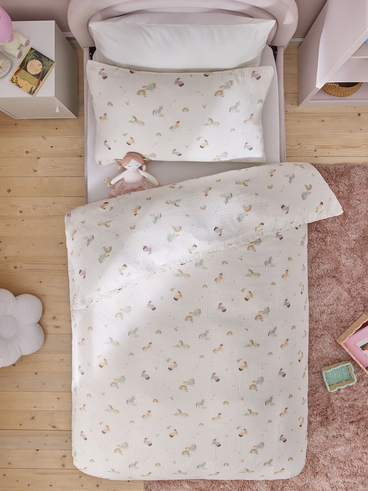 Unicorn Crinkle Muslin 100% Cotton Duvet Cover and Pillowcase Set - Image 4 of 5