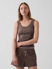Gap Brown Mini Rib Lace-Trim Pyjamas Vest - Image 1 of 4