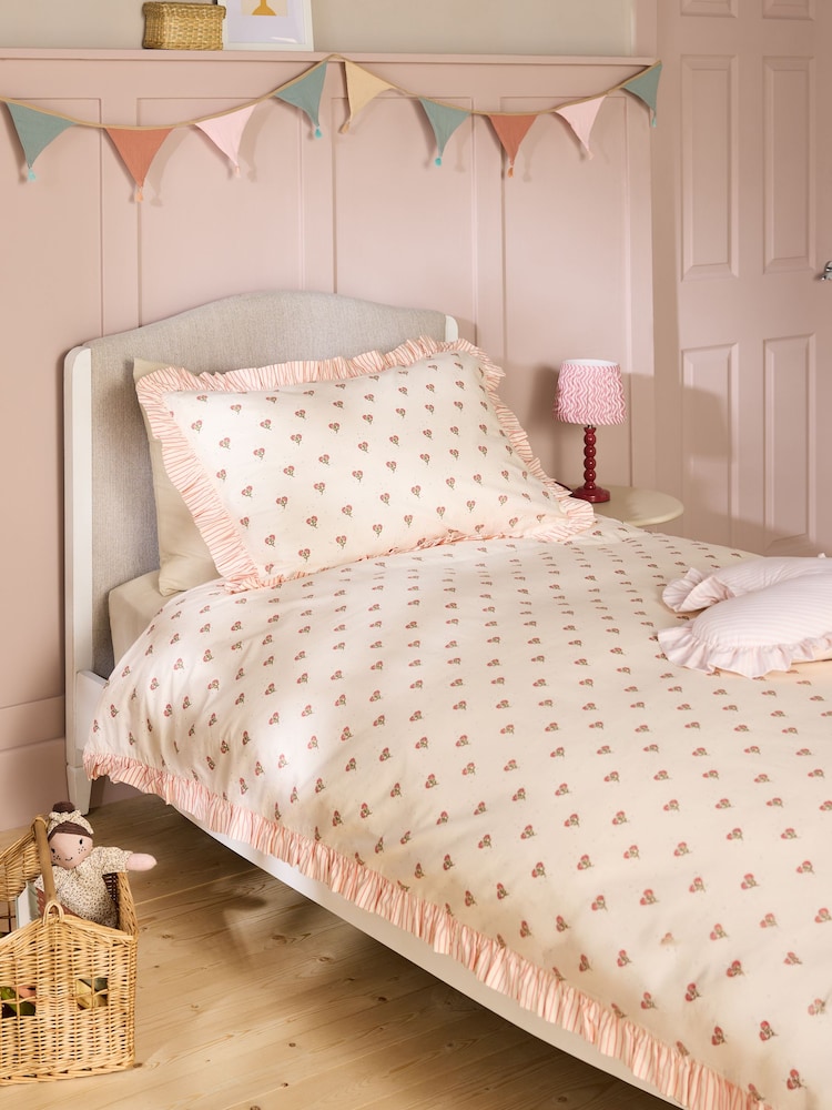 Natural/Pink Floral 100% Washed Cotton Duvet Cover and Pillowcase Set - Image 1 of 7