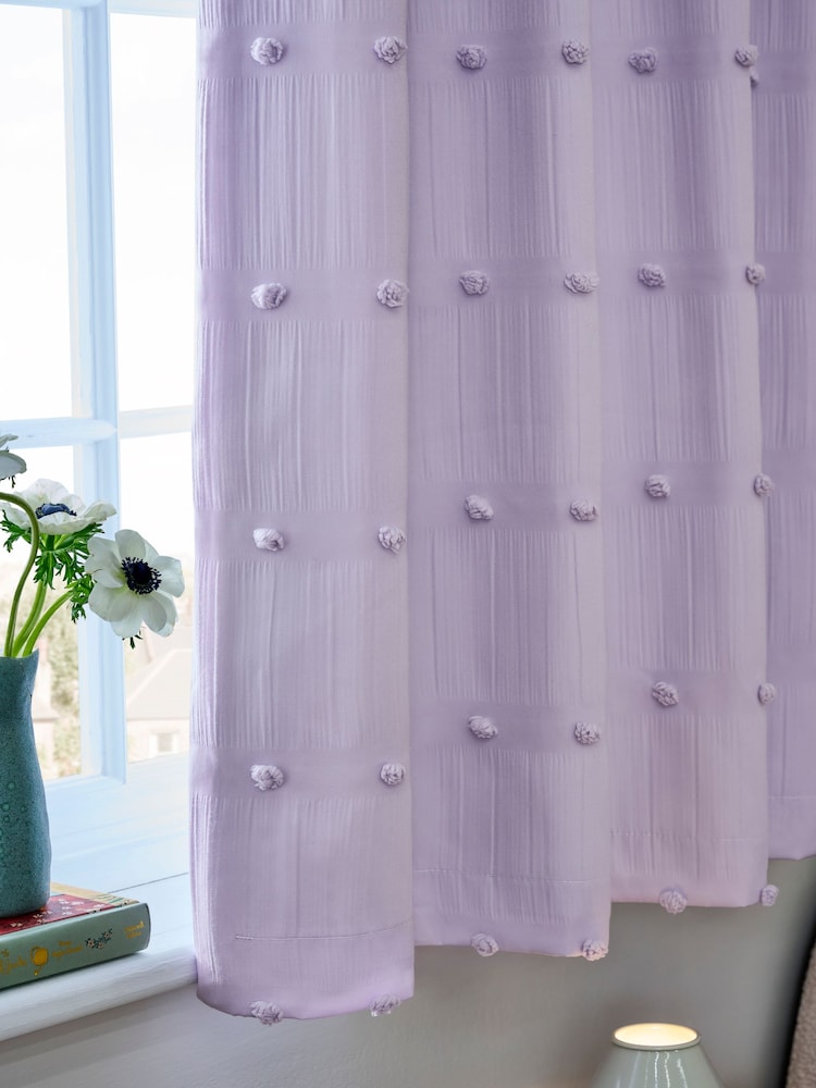 Lilac Bobble Pom Eyelet Blackout Curtains - Image 3 of 5