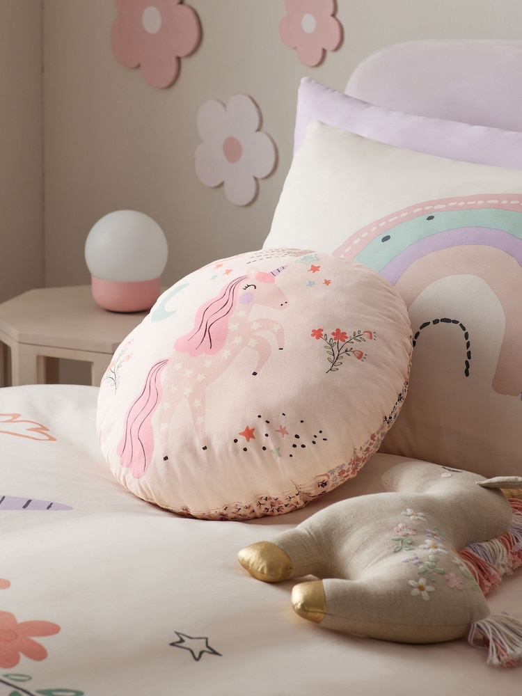 Natural Scandi Unicorn 100% Cotton Circular Cushion - Image 1 of 6 Natural Scandi Unicorn 100% Cotton Circular Cushion - Image 1 of 6