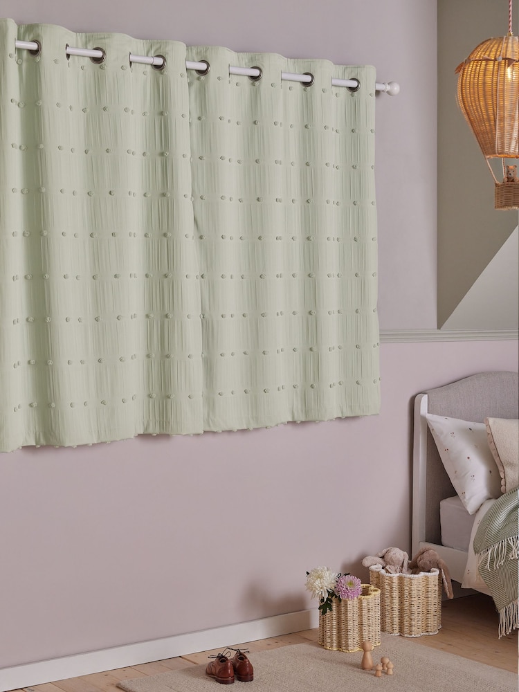 Sage Bobble Pom Eyelet Blackout Curtains - Image 3 of 7