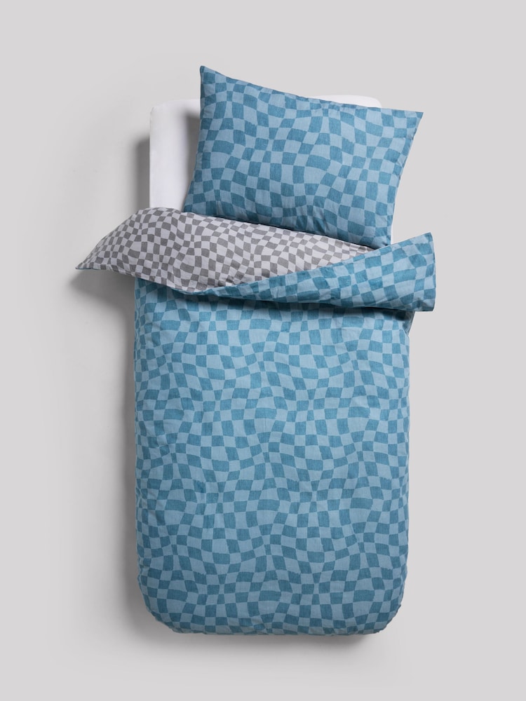 Blue Grey Checkerboard 100% Cotton Printed Bedding Duvet Cover and Pillowcase Set - Image 2 of 7 Blue Grey Checkerboard 100% Cotton Printed Bedding Duvet Cover and Pillowcase Set - Image 2 of 7