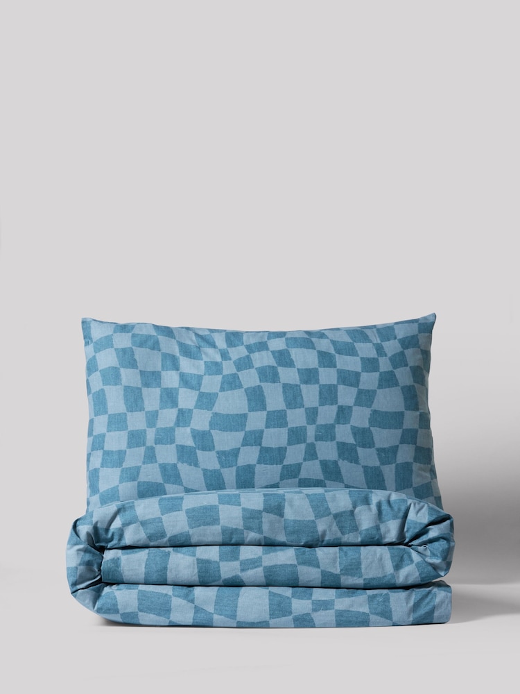 Blue Grey Checkerboard 100% Cotton Printed Bedding Duvet Cover and Pillowcase Set - Image 3 of 7