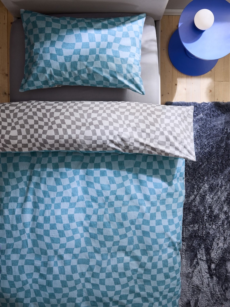 Blue Grey Checkerboard 100% Cotton Printed Bedding Duvet Cover and Pillowcase Set - Image 4 of 7