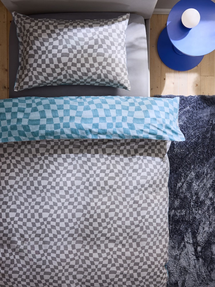 Blue Grey Checkerboard 100% Cotton Printed Bedding Duvet Cover and Pillowcase Set - Image 5 of 7