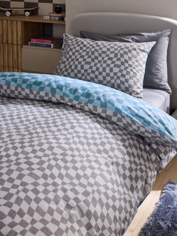 Blue Grey Checkerboard 100% Cotton Printed Bedding Duvet Cover and Pillowcase Set - Image 7 of 7 Blue Grey Checkerboard 100% Cotton Printed Bedding Duvet Cover and Pillowcase Set - Image 7 of 7