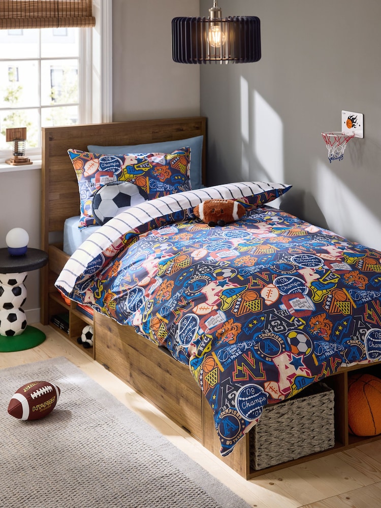 Varsity 100% Cotton Printed Bedding Duvet Cover and Pillowcase Set - Image 1 of 7 Varsity 100% Cotton Printed Bedding Duvet Cover and Pillowcase Set - Image 1 of 7
