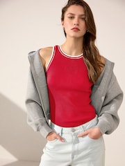 Red/White Ribbed Racer Tank Vest Sleeveless Top - Image 1 of 7