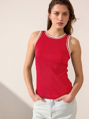 Red/White Ribbed Racer Tank Vest Sleeveless Top - Image 2 of 7