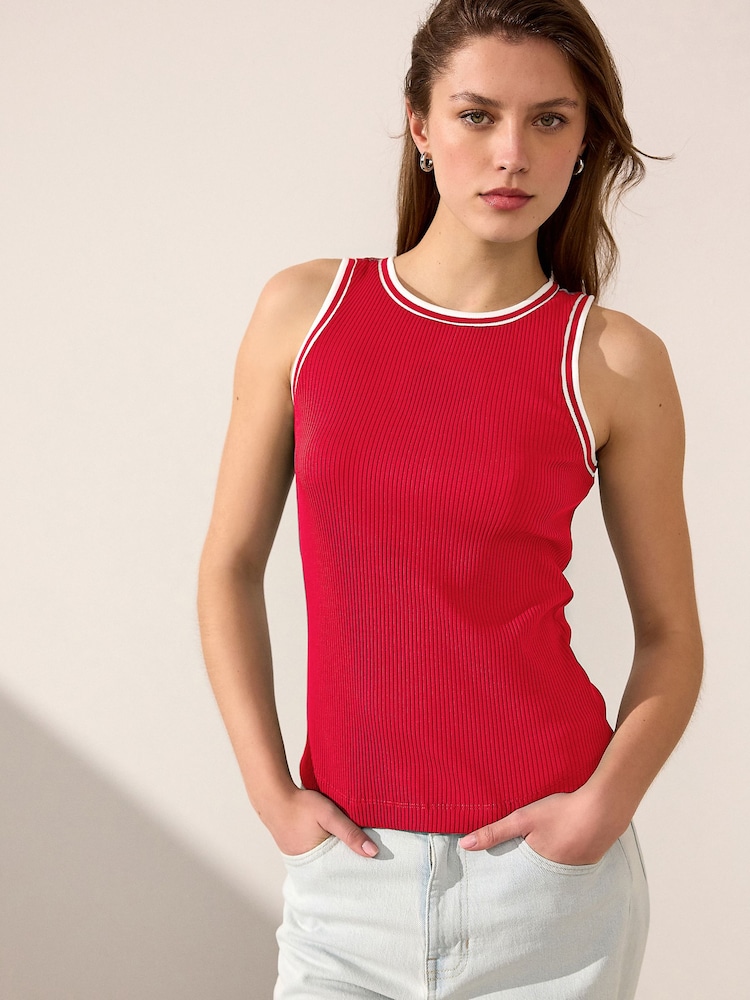 Red/White Ribbed Racer Tank Vest Sleeveless Top - Image 2 of 7
