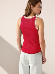 Red/White Ribbed Racer Tank Vest Sleeveless Top - Image 3 of 7