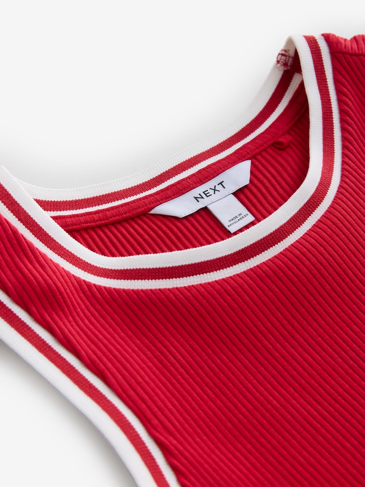 Red/White Ribbed Racer Tank Vest Sleeveless Top - Image 7 of 7