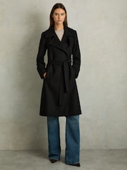 Reiss Black Rae Wool Blend Belted Double Breasted Coat With Cashmere - Image 1 of 6