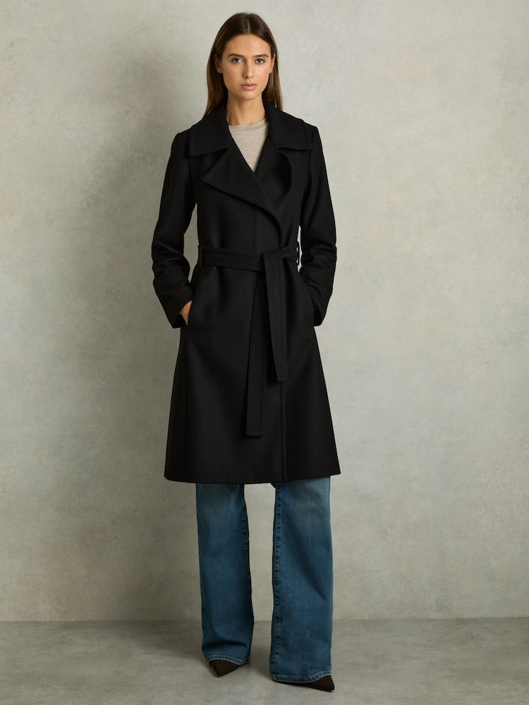 Reiss Black Rae Wool Blend Belted Double Breasted Coat With Cashmere - Image 1 of 6