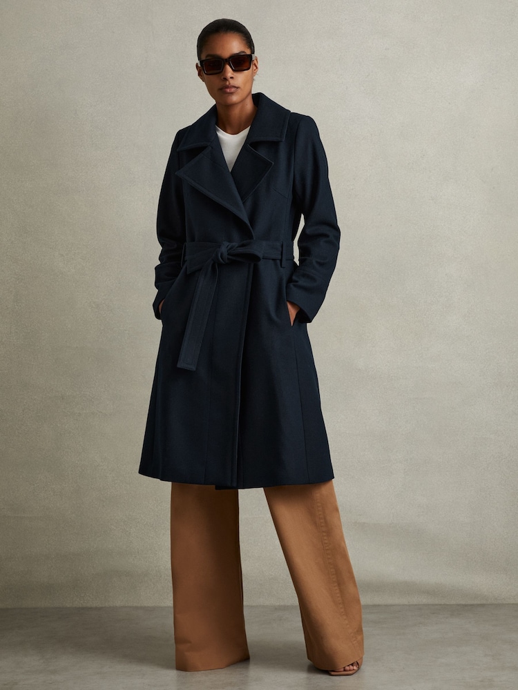 Reiss Teal Rae Wool Blend Belted Double Breasted Coat With Cashmere - Image 1 of 5