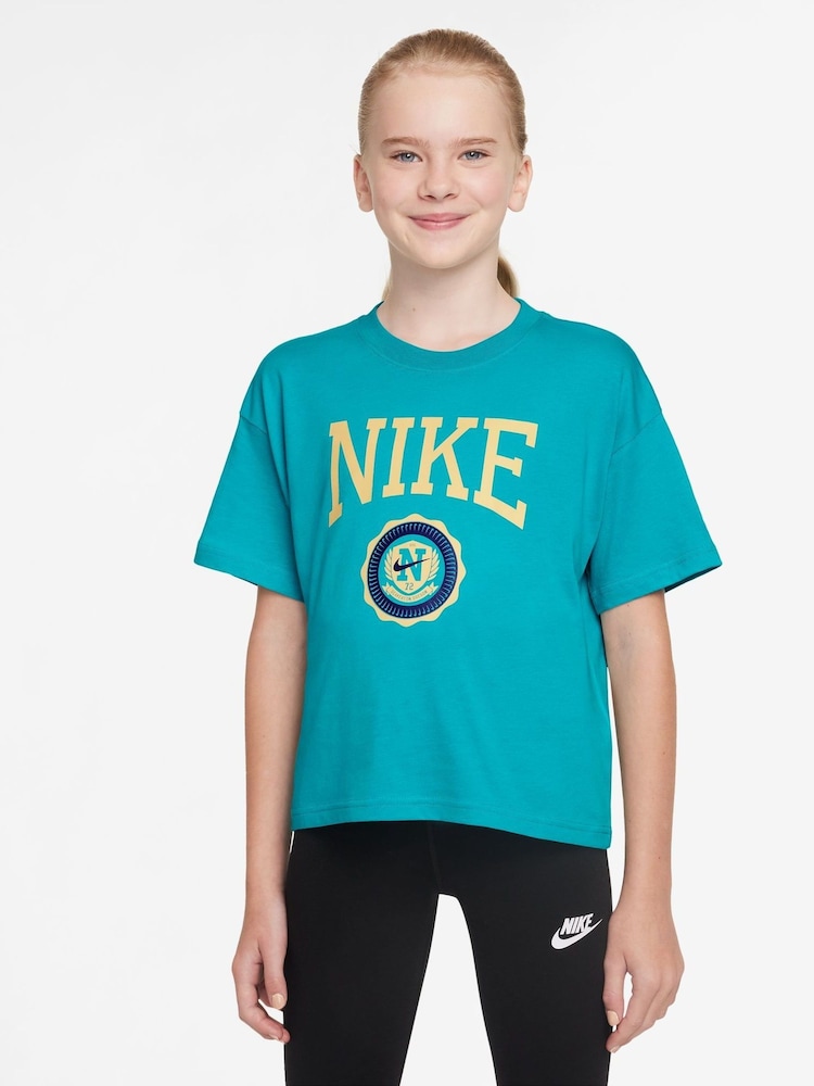Nike Cactus Blue Boxy Varsity Graphic Print T-Shirt - Image 1 of 3 Nike Cactus Blue Boxy Varsity Graphic Print T-Shirt - Image 1 of 3