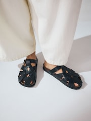 Black Signature Premium Leather Round Weave Buckle Footbed Shoes - Image 1 of 10