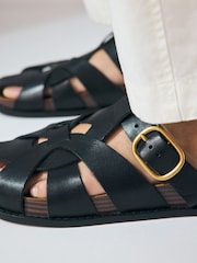 Black Signature Premium Leather Round Weave Buckle Footbed Shoes - Image 2 of 10