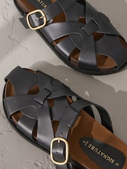Black Signature Premium Leather Round Weave Buckle Footbed Shoes - Image 9 of 10
