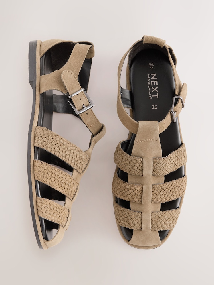 Khaki Green Forever Comfort® Leather Round Closed Toe Weave Detail Fisherman Sandals - Image 1 of 5