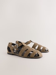 Khaki Green Forever Comfort® Leather Round Closed Toe Weave Detail Fisherman Sandals - Image 2 of 5