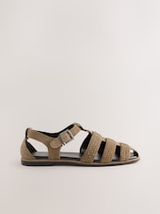 Khaki Green Forever Comfort® Leather Round Closed Toe Weave Detail Fisherman Sandals - Image 3 of 5