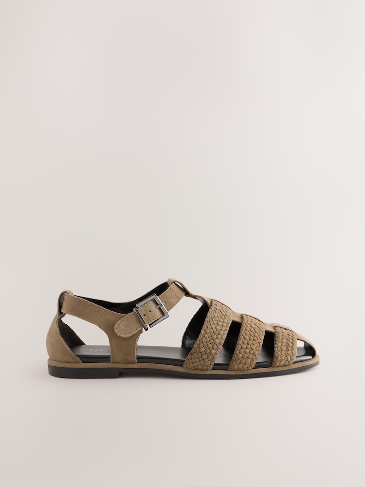Khaki Green Forever Comfort® Leather Round Closed Toe Weave Detail Fisherman Sandals - Image 3 of 5