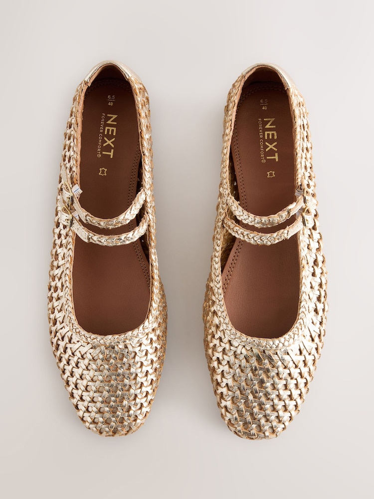 Gold Forever Comfort® Leather Square Toe Weave Double Mary Jane Shoes - Image 1 of 8
