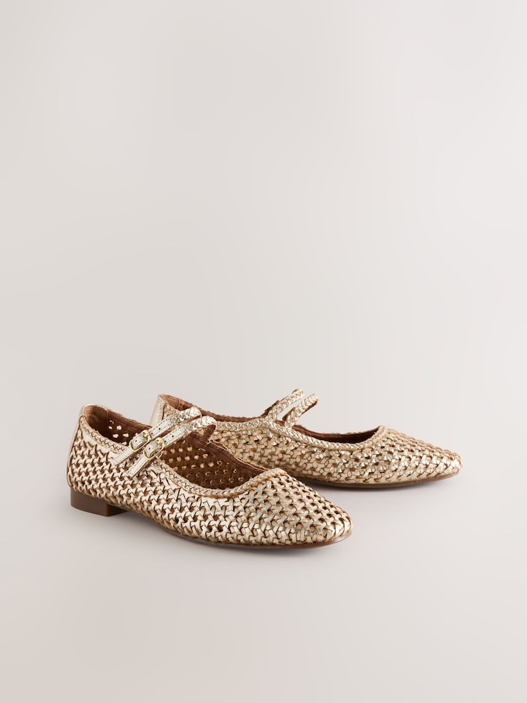 Gold Forever Comfort® Leather Square Toe Weave Double Mary Jane Shoes - Image 5 of 8