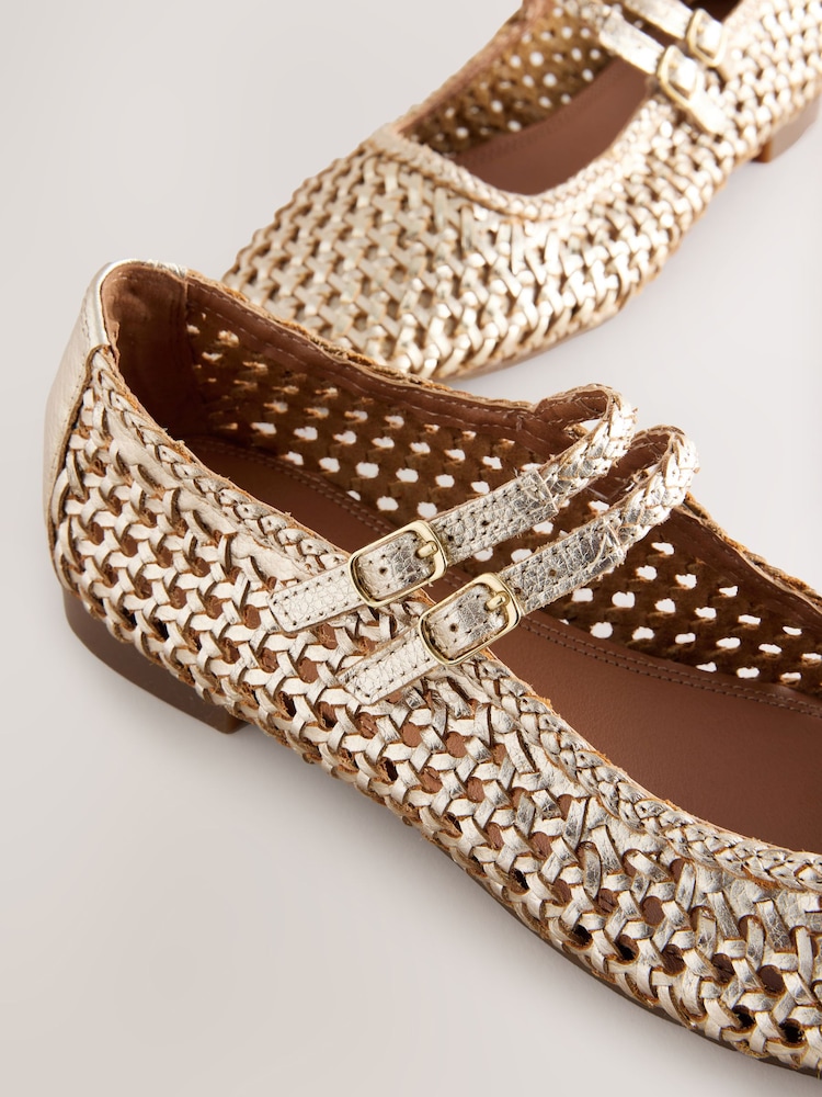 Gold Forever Comfort® Leather Square Toe Weave Double Mary Jane Shoes - Image 7 of 8