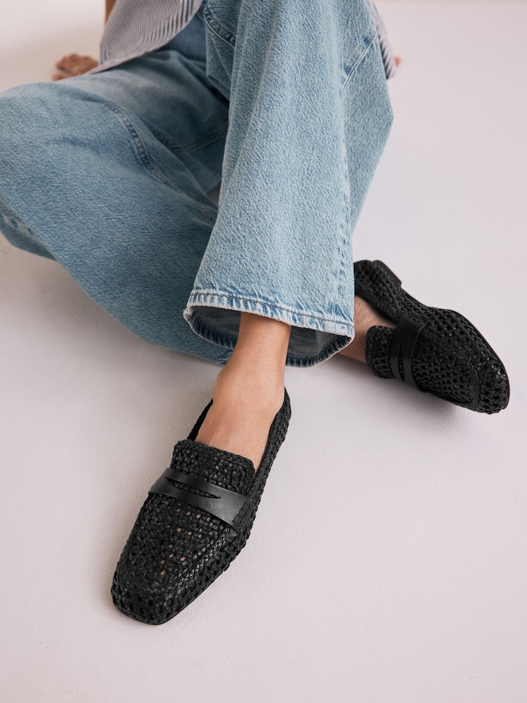 Black Forever Comfort® Leather Square Toe Weave Loafers - Image 2 of 9